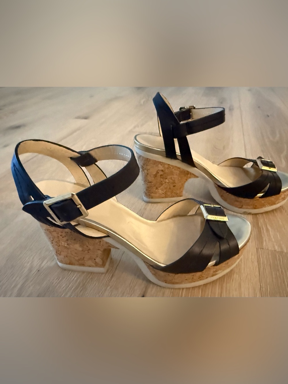 JIMMY CHOO Vintage Black Leather Cork Platform Wedge Sandals. Logo Buckles Chic!
